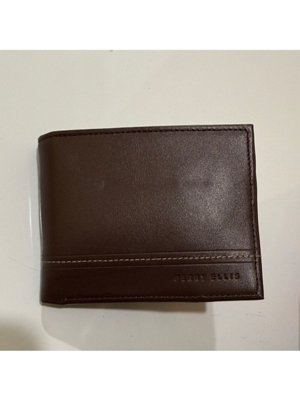 Perry Ellis Men’s Brown Bifold Wallet, Solid, Logo Accent, Credit Card